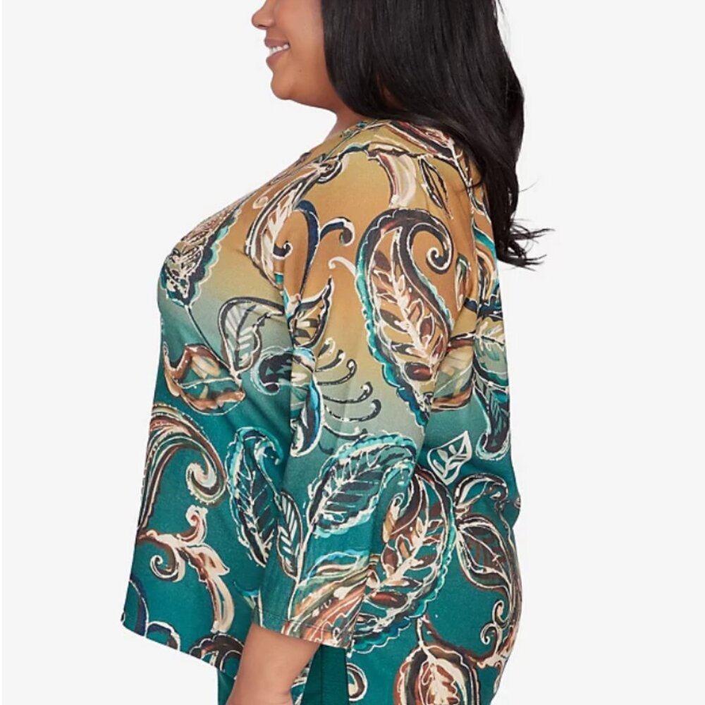Alfred Dunner Plus Size Emerald Isle Paisley Ombre Top - Multi Green 3X